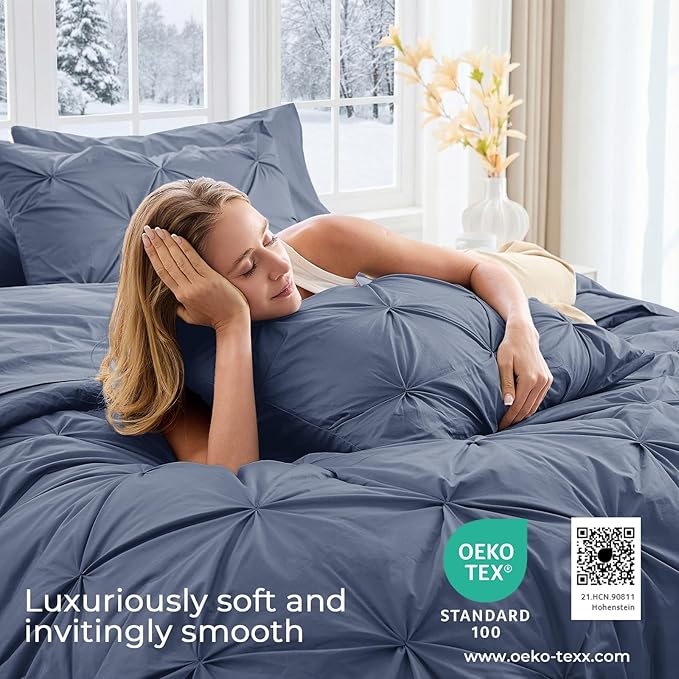 Sasttie Twin XL Comforter Set, 5-Piece Bed in a Bag, Pintuck Bedding Sets for All Season, Includes Comforter, Flat Sheet, Fitted Sheet, Pillowcase and Pillowsham, Indigo Blue