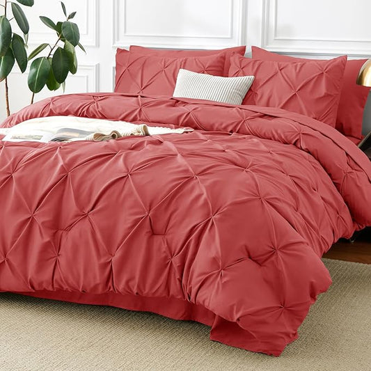 CozyLux Full Size Comforter Sets Coral, 7 Pieces Pintuck Bed in A Bag Coral Comforter Full Size, Pinch Pleat Bedding Sets with All Season Comforter, Flat Sheet, Fitted Sheet, Pillowcases & Shams