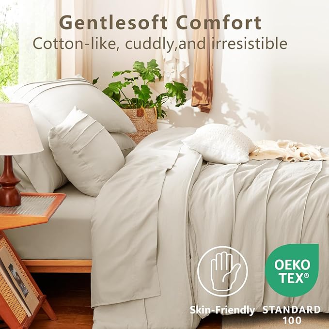 CozyLux King Size Comforter Set Beige, 7 Pieces Soft Pinch Pleat Bed in a Bag King Comforter Set with Sheets, Boho Bed Set with Down Alternative Comforter, Sheets, Pillowcases & Shams