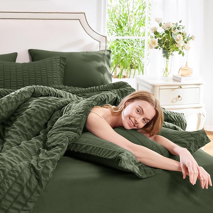 CozyLux King Size Comforter Set Olive Green Seersucker 7 Pieces Bed in a Bag King Comforter Set with Sheets, Luxury Bedding Set with Down Alternative Comforter, Sheets, Pillowcases & Shams All Seasons