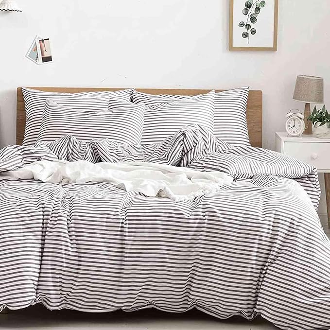 Nanko Striped Queen Size Duvet Cover Set, White and Grey Stripe Print Pattern 3 PCS - Microfiber Bedding Sets Comforter Cover Zip, Tie - Modern Farmhouse Style for Men and Women Teen, 90 X 90 in Gray