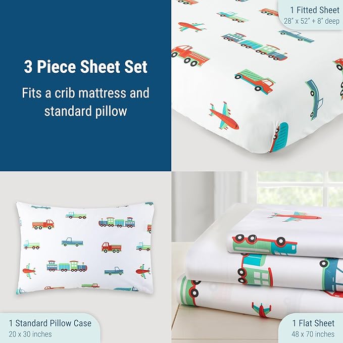 Wildkin 100% Cotton Toddler Sheet Set – Soft & Cozy Bed Sheets - Transportation