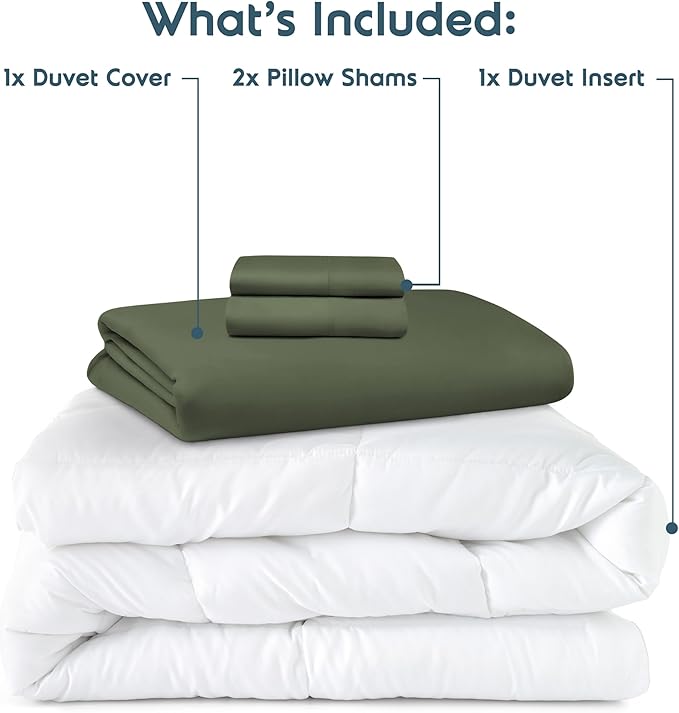 Nestl Queen Duvet Cover Set with Comforter Insert - Olive Green 4 Piece 90x90 Duvet Cover & 2 Pillow Shams with White Quilted Down Alternative Comforter, Ultra Soft, All Season