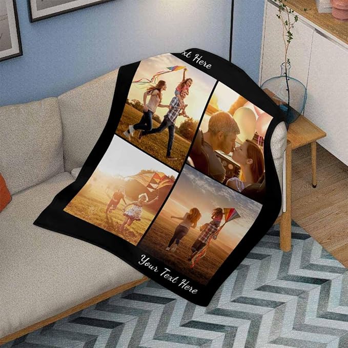 Personalized Photo Blanket, 4 Photos Custom Blankets Photo Blankets Customize for Mom Grandma Wife Women from Daughter Son Husband, 8 Sizes