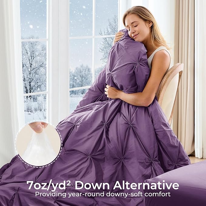 Sasttie Twin Comforter Set, 5-Piece Bed in a Bag, Pintuck Bedding Sets for All Season, Includes Comforter, Flat Sheet, Fitted Sheet, Pillowcase and Pillowsham, Grape Purple