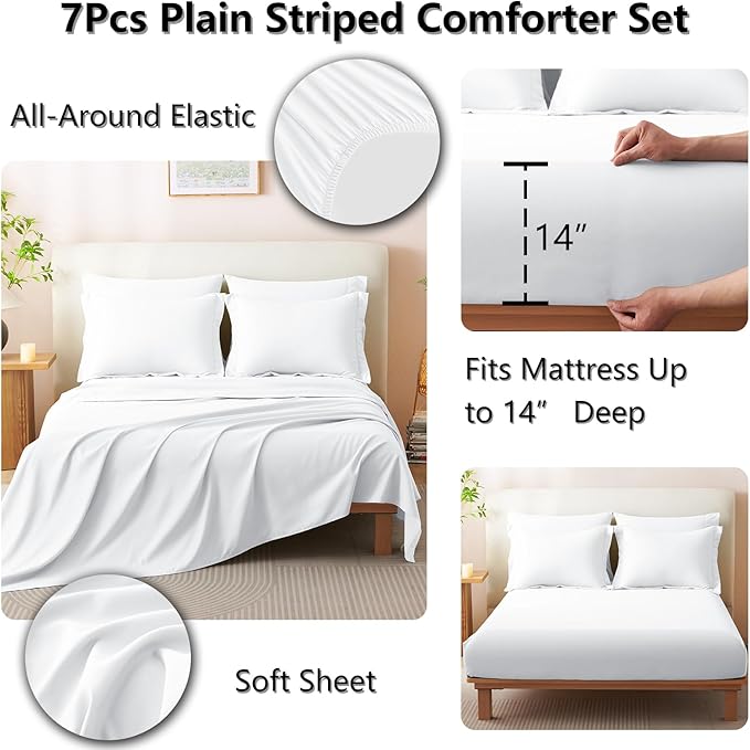 CozyLux California King Size Comforter Set - 7 Pieces Bed in a Bag White Comforter Set with Sheets Cal King, Soft Bedding Set with Down Alternative Comforter, Sheets, Pillowcases & Shams