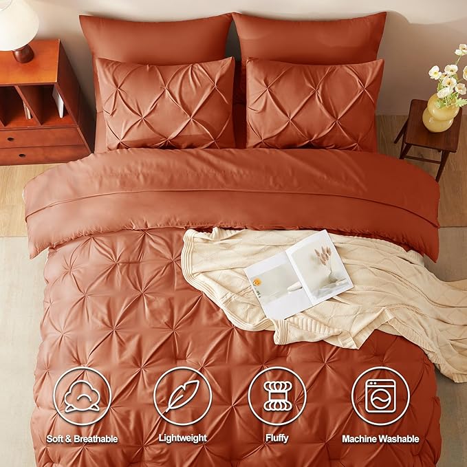 King Comforter Set Burnt Orange, 7 Pieces Pintuck Bed in A Bag King Size Bedding, Soft Bed Set All Season Pinch Pleat Comforter Set with Sheets, Pillowcases & Shams