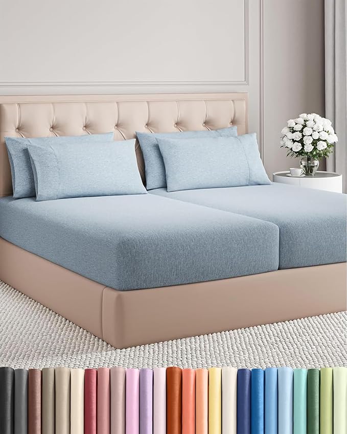 Split King 7 Piece Sheet Set - Comfy Breathable & Cooling - Soft Hotel Luxury Bedding Set w/ 8-16 Inch Deep Pockets - 1 Flat & 2 Fitted Sheet & 4 Pillowcases - Cozy and Wrinkle Free - Heathered Blue
