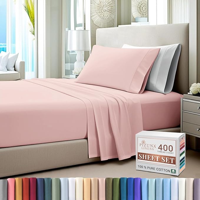 Pizuna Pure 100% Cotton Sheets Twin Size, Luxurious 400 Thread Count Long Staple Cotton Sateen Sheets with 15inch Deep Pocket (Combed Light Pink Sheet Twin)