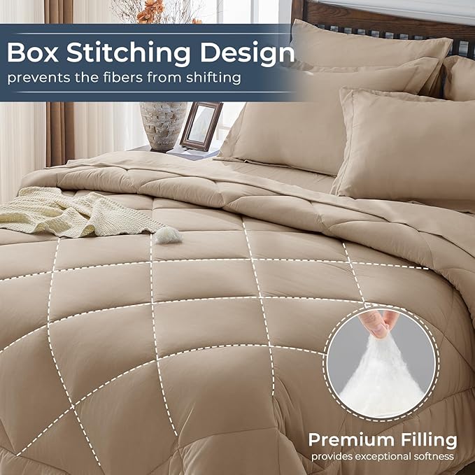 HEVUMYI Khaki Twin-XL Comforter Set - 5-Piece All Season Bed in a Bag Twin-XL, Ultra Soft Bedding Set with Comforter, Flat Sheet, Fitted Sheet, Pillowcases, Pillow Shams