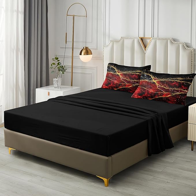Black Gold Comforter Set 8 Pcs Red Marble Bedding Queen Size Bed in A Bag Stone Texture Abstract Room Decor