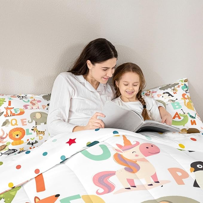 Feelyou Kids Cartoon Wild Animals Bedding Set for Girls Boys Nursery Letter Comforter DecorWildlife Decor Comforter Set Nature Vibrant Colorful Duvet Set Twin Size Quilt Boys