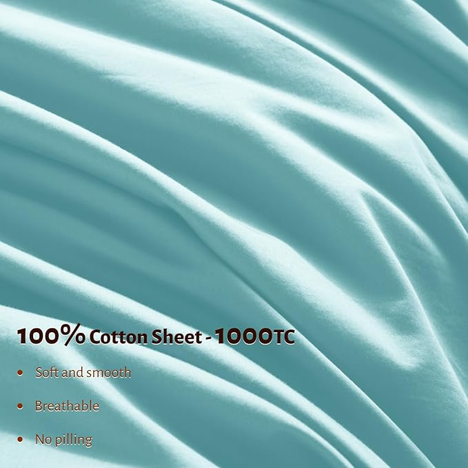Shilucheng 100% Egyptian Cotton King Size Sheets Set - 1000 Thread Count，Luxury Cotton Bed Sheets，Breathable & Cooling Bedding and Pillow Cases, 16 Inch Deep Pocket - 4 Piece (Spa Blue, King)