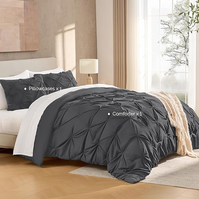 Andency Gray Pinch Pleat Comforter Twin(66x90Inch), 2 Pieces Grey Pintuck Bed, Microfiber Down Alternative Bedding Set with 1 Pillowcase