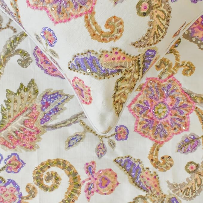The HomeCentric King/Queen/Twin White & Pink Designer King 90"x18" Bed Runner Without Pillow Cover, Floral, Printed, Sequins, Beaded, Embroidery & Handmade Bed Scarf on Cotton Fabric - Aster