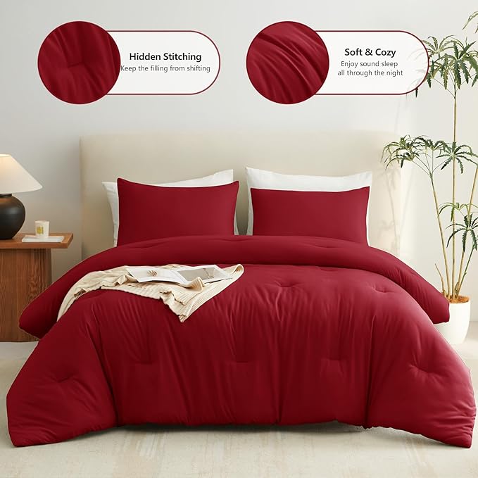 CozyLux Queen Comforter Set Dark Red, 3 Pieces Solid Queen Comforter Breathable Quilted Style Bedding Sets, Luxury Soft Bed Set with Down Alternative Comforter All Season (1 Comforter & 2 Pillowcases)