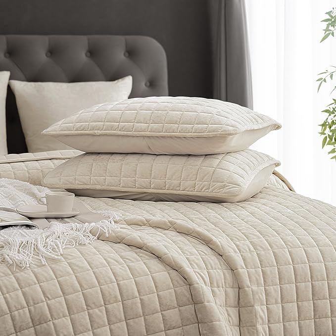 PHF Luxurious Velvet Quilt Set Queen Size – 3PCS Super Soft Quilted Comforter Alternative with Square-Box Quilt Pattern, Warm Quilted Bedspread Coverlet, 90" x 92", Sand