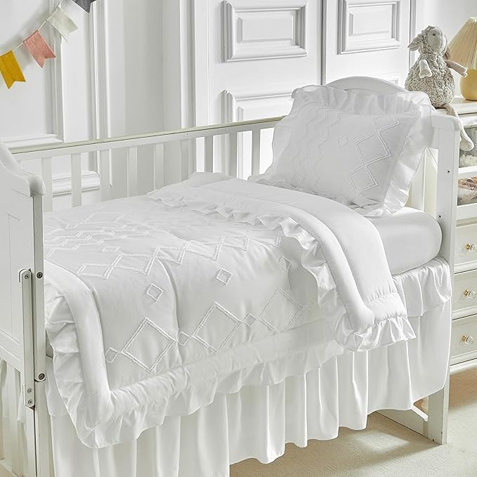 AIKASY The Ruffled Shabby Crib Bedding Set for Girls, Baby Quilted Comforter with Fitted Sheet, Bed Skirt, and Pillowcase（White）