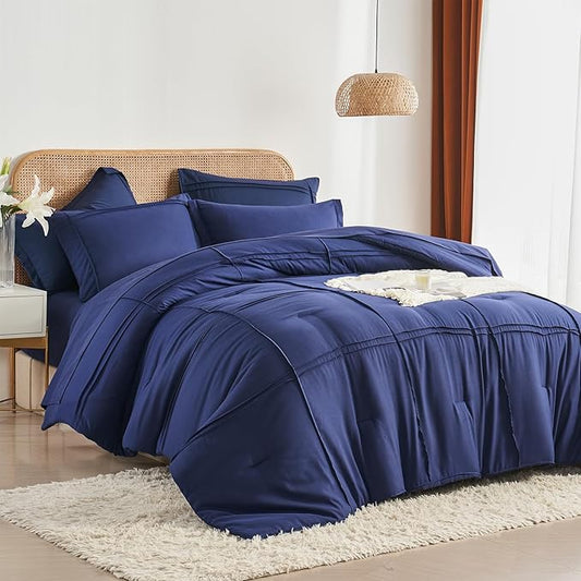 Yogeneg Full Size Comforter Set 7 Piece Bed in a Bag,Grid Pinch Pleat Navy Blue Bedding Set,Striped Textured Soft Microfiber Comforter with Sheet Set,All Season Complete Bed Set(Navy Blue,Full)