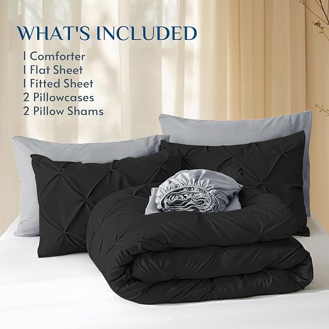 JOLLYVOGUE King Size Comforter Set 7 Pieces - Bed in a Bag King for All Season, Pintuck Bedding Comforter Sets with Comforter, Flat Sheet, Fitted Sheet and Pillowcases & Shams, Black & Light Grey