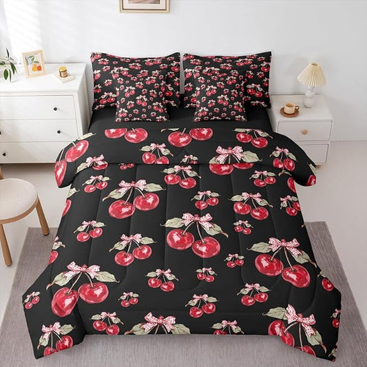 Feelyou Red Cherry Comforter Set with Sheets 7 Piece Twin Size Pink Bowknot Bedding Set for Kids Boys Girls Cartoon Cherry Bed in a Bag Cute Bow Room Decor Soft Lightweight Microfiber