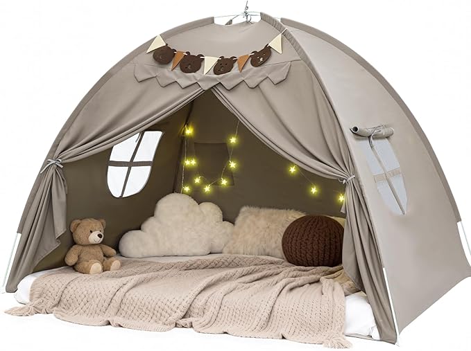 Full Bed Tent, Bunk Bed Tent Canopy with Stars Light & Flags, Breathable Sleeping Drafty, Privacy Space Dream Playhouse for Indoor Floor, Birthday Gifts, Grey