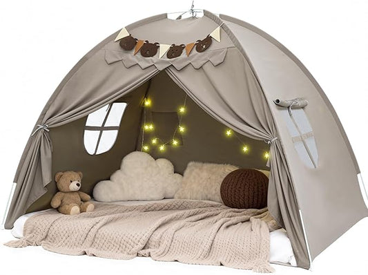 Full Bed Tent, Bunk Bed Tent Canopy with Stars Light & Flags, Breathable Sleeping Drafty, Privacy Space Dream Playhouse for Indoor Floor, Birthday Gifts, Grey