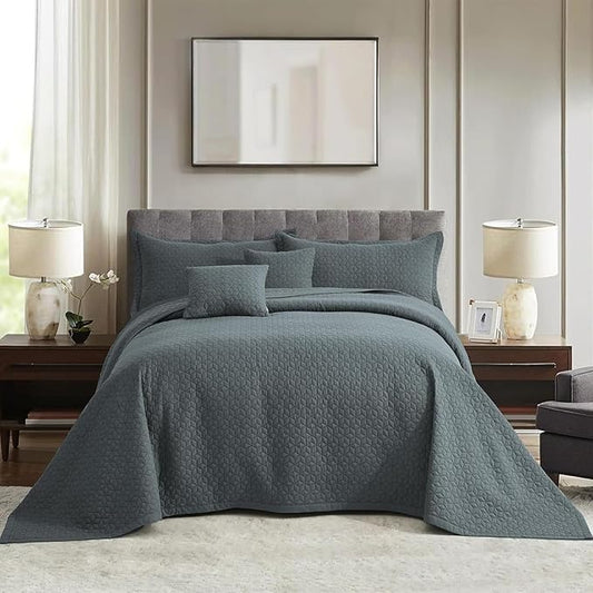 Oversized King Bedspread 128x120 Extra Wide, Modern & Contemporary Look, Lightweight Bedding Cover, Reversible, 5 Piece, 100% Microfiber, Silver Grey