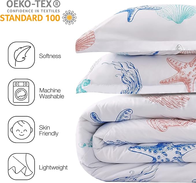 JSD Beach Theme Kids Comforter Set Full Size, 3 Piece Jellyfish Starfish Shell Printed Comforter with Pillow Shams, Lightweight All Season Washable
