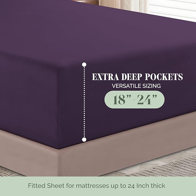 Elegant Comfort Luxurious 1500 Premium Hotel Quality Microfiber 4-Piece Sheet Set, 18-24 Inches Deep - Extra Deep Pocket Sheets - Ultra Soft 4PC Deep Pocket Sheets, California King, Eggplant-Purple