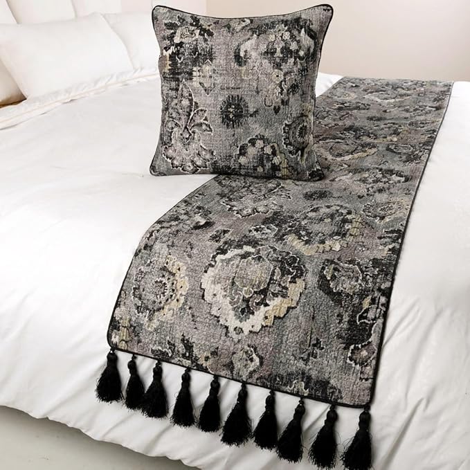 The HomeCentric Handmade Black & Grey Twin 53 x 18 inch Bed Runner with 2 Matching Pillow Cover, Velvet Damask with Tassels Bed Scarf, Abstract Modern - Paved Damask