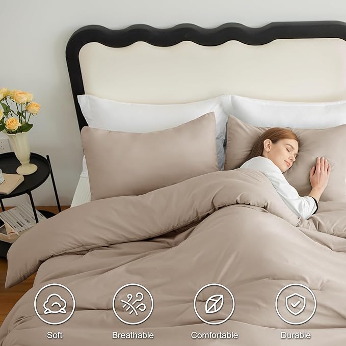 CozyLux King Size Comforter Set Wheat, 3 Pieces Solid Comforters King Size Breathable Quilted Bedding Set, Luxury Soft Bed Sets with Down Alternative Comforter (1 Comforter & 2 Pillowcases)