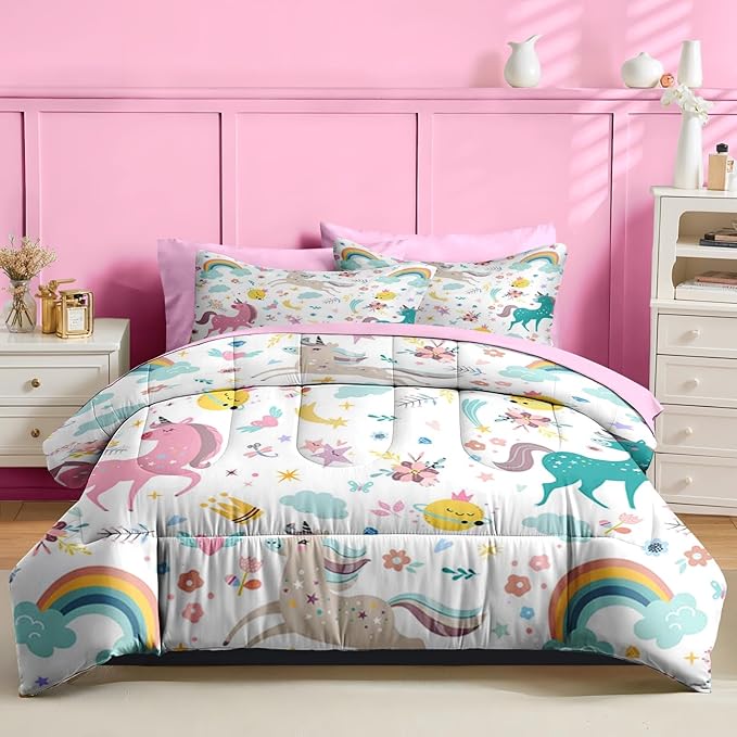 Nesker 7 Pcs Comforter Set Queen Size, Cute Colorful Unicorns Bedding Set for Kids Teen, Cloud Rainbow with Fitted Sheet 2 Pillowcases & 2 Shams for Bedroom Bed Decor