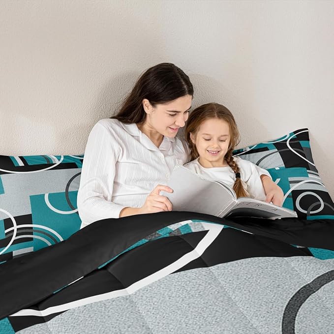 Modern Turquoise Decor Comforter King Geometric Circles Gird Bedding Set For Boys Girls Kids Teens Adult Black Grey Down Comforter Stripe Swirls Duvet Set Modern Graphic Texture Quilted Comforter