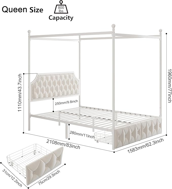 Keyluv Queen Upholstered Canopy Bed Frame with 2 Drawers and Button Tufted Headboard, Metal Platform Bed with 4 Removable Posts Two-Purpose Velvet Bed No Box Spring Needed, Beige/Curtains Not Included