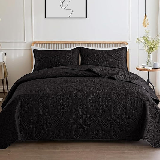 Whale Flotilla Soft Queen Quilt Bedding Set for All Seasons, Vintage Damask Ultrasonic Full Size Quilts Set, Lightweight Reversible Bedspread, Coverlet, Bed Cover with 2 Pillow Shams, Black