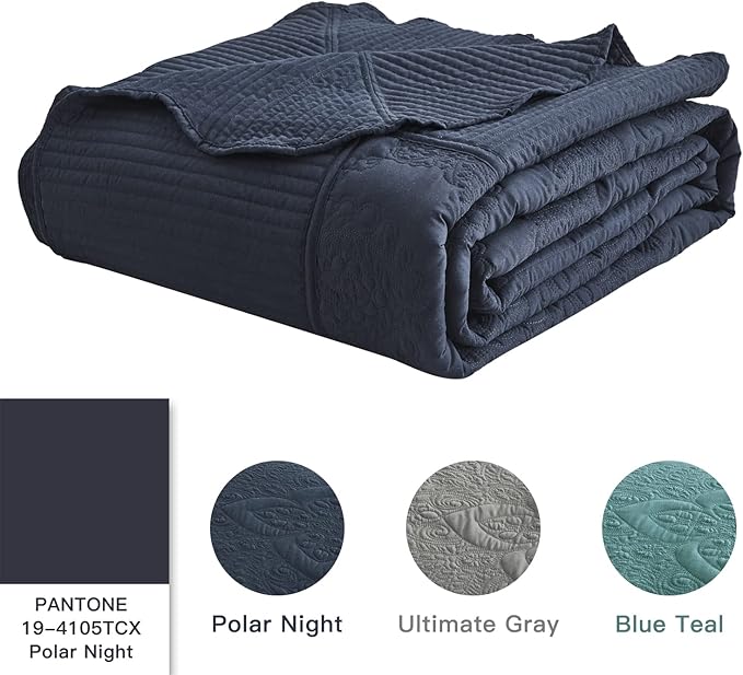 HZ & HY Oversized King Bedspread, Quilted Coverlet Bedding Set, Lightweight Thin Comforter, Reversible, 5 Piece, 100% Microfiber, Polar Night