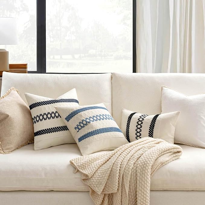 MIULEE Set of 2 Coastal Blue Boho Decorative Pillow Covers 16x16 Inch Farmhouse Rustic Couch Throw Pillows Modern Cotton Cushion Covers Retro Cute Macrame Woven Spring Home Decor for Bed Sofa Chair