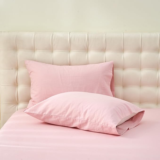 Simple&Opulence Belgian Linen Sheet Set Solid Color - 4 Pieces (1 Flat Sheet & 1 Fitted Sheet & 2 Pillowcases) Natural Flax Cotton Blend Soft Bedding Breathable Farmhouse - Pale Pink, Queen Size