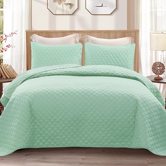 Exclusivo Mezcla Reversible Full Queen Quilt Bedding Set with Pillow Shams, Lightweight Quilts Queen Size, Soft Bedspreads Bed Coverlets for All Seasons - (Light Green, 90"x96")