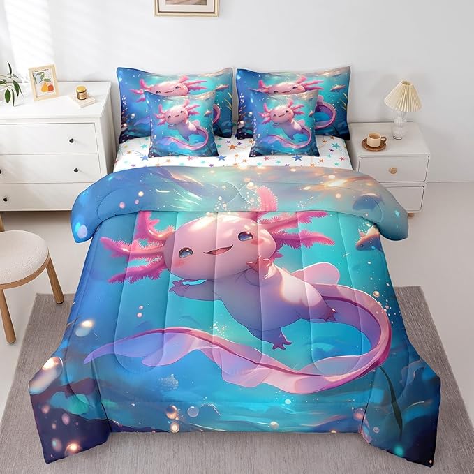 Feelyou Kids Cute Axolotl Bed in A Bag King Size, Cartoon Salamander Comforter Set with Sheets Kawaii Animal 7 Pieces Bedding Set Boys Girls Ocean Sealife Teens Bed Set Bedroom Decor 7Pcs