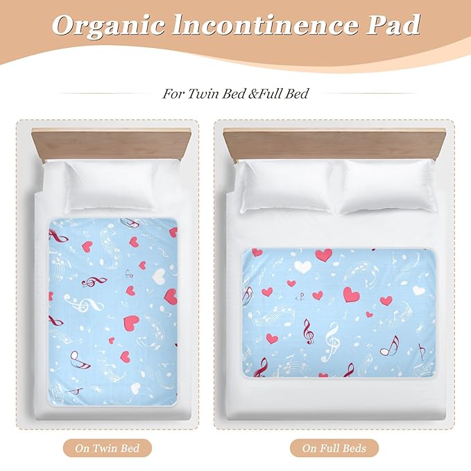 Waterproof Bed Pad Reusable Changing Pad Toddler Mattress Protector Large Pee Pad Baby Diaper Pad Soft Washable Liner Sky Blue Music Note and Hearts
