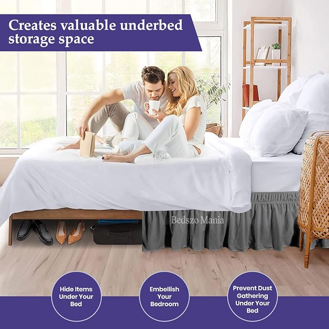 Wrap Around Bed Skirt 11" Inch Drop 100% MicrofibreFabric 1-Piece Bed Skirt Easy Fit Easy Care Fade & Wrinkle Resistant - Full Size (54"X75"), Dark Grey Color
