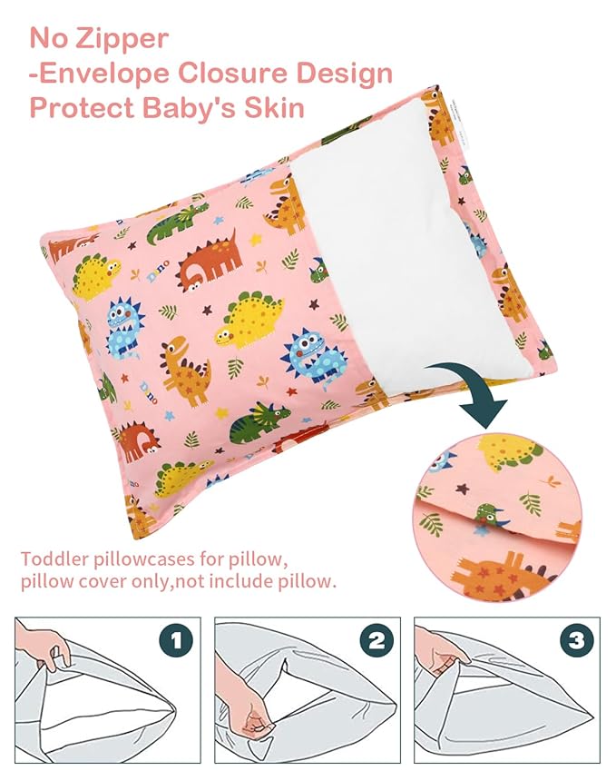 ALVABABY Toddler Pillowcases 2 Pack Organic Cotton Kids Pillow Cover Fit 13"x 18" or 14"x19" Envelope for Girl Sleepy Travel Elephant Pink Dinosaur 2TPW39A