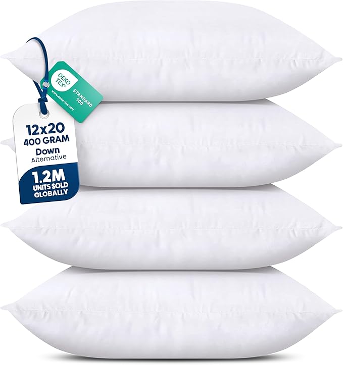 Utopia Bedding Throw Pillows (Set of 4, White) – 12 x 20 Inches Down Alternative Pillows for Bed, Sofa, and Couch - Fluffy Decorative Stuffer Pillow for Indoors & Outdoors