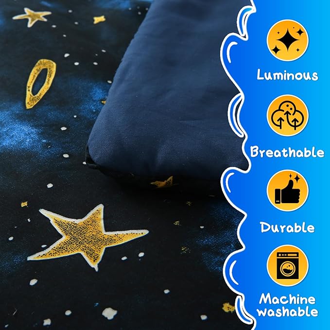 Glow in The Dark Kids Comforter Set, 7 Pieces Blue Space Bedding Set Full Size for Boys Girls Teen, 1 Comforter, 2 Pillowcases, 2 Pillow Shams, 1 Flat Sheet, 1 Fitted Sheet