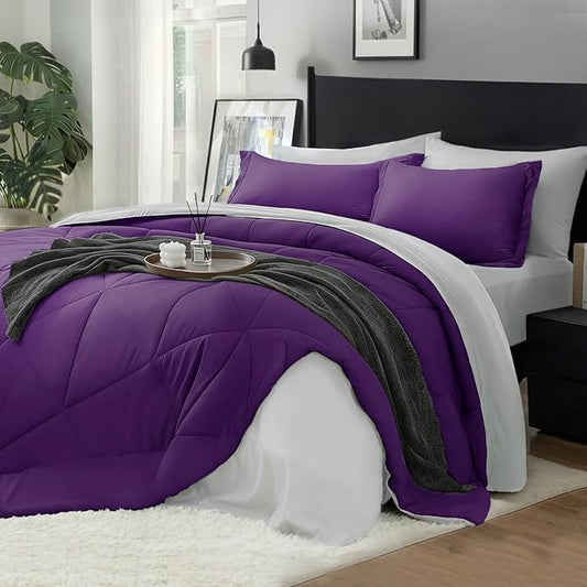 BEDELITE Queen Comforter Set 7 Pieces Bed in A Bag - Soft Microfiber Reversible Purple Bed Set with Comforters, Sheets, Pillowcases & Shams, Cozy Luxury Bedding Sets for All Season