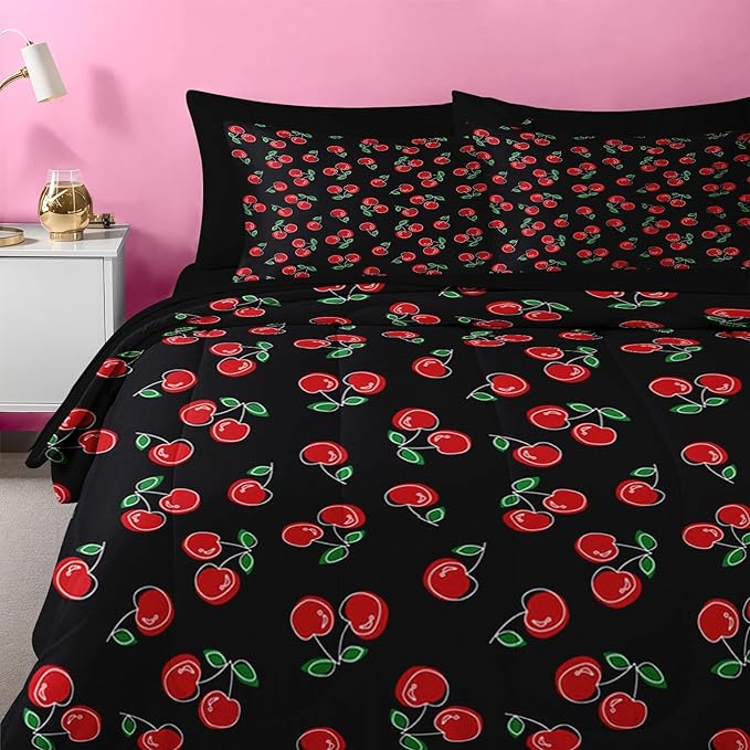 Nesker 5 Pcs Comforter Set Twin Size, Retro Red Black Bedding for Kids Teen, Cherry Fruit Bed Sheet with Pillowcase & Sham