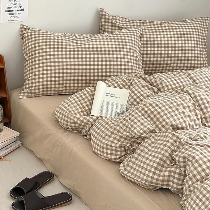 Nayoroom Brown Gingham Duvet Cover King Size Tan White Plaid Checkered Duvet Cover Grid Dorm Bedding Set 3 Pieces Soft Lightweight Washed Microfiber Farmhouse Bedding with Pillowcases