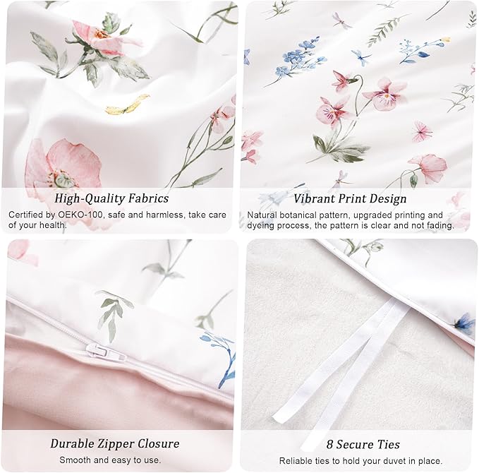 PHF Ultra Soft Floral Duvet Cover King Size, Printed Garden Bedding Set 3 Pieces, Comfy Durable Farmhouse Duvet Cover Set with 2 Pillow Shams, Zipper Closure and 8 Ties, 104"x90", White & Pink